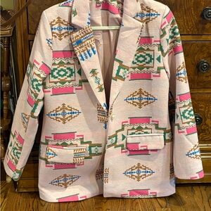 Geometric Pattern Blazer in Pink, Brown, Green & Blue, NWT, Size L